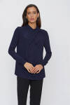 Lacivert Yakası Drape Detaylı Örme Bluz - 4