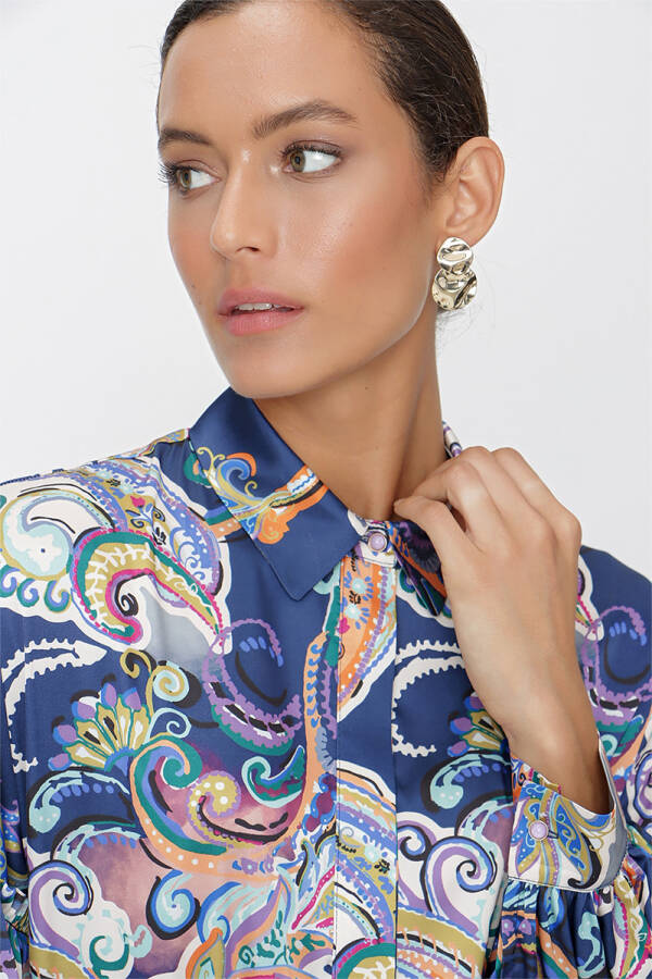 Lacivert Rahat Kesim Desenli Bluz - 4