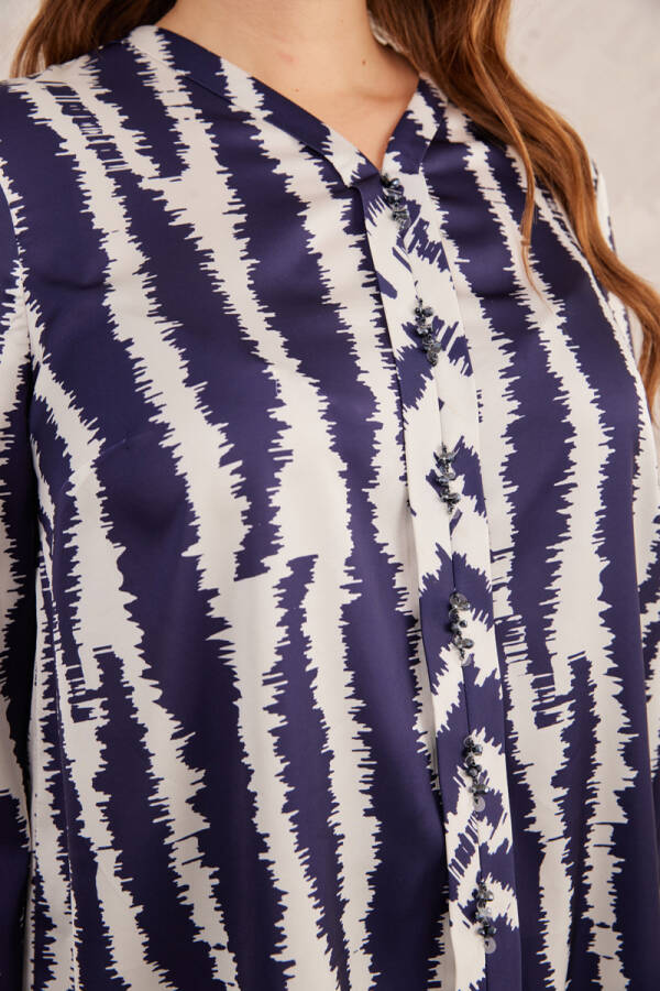 Lacivert V Yaka Desenli Bluz - 6