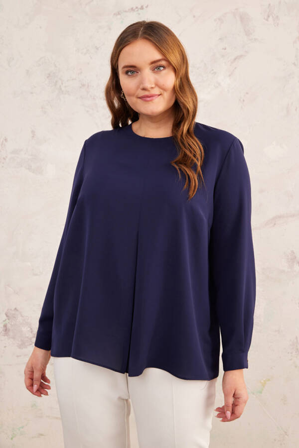 Lacivert Önü Pilikaşe Detaylı Bluz - Aker