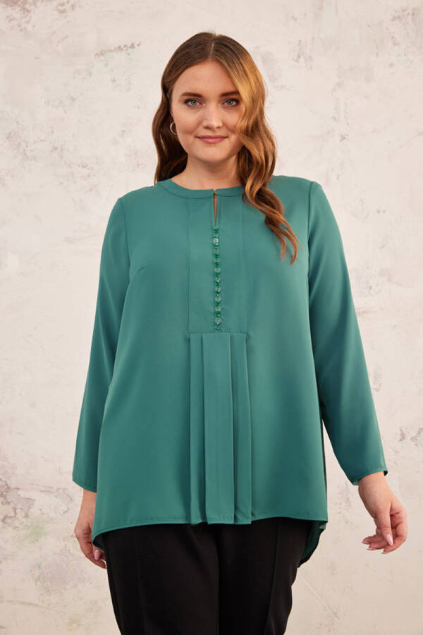 Yeşil İşleme Detaylı Pileli Bluz - 2