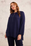 Lacivert İşleme Detaylı Pileli Bluz - 6