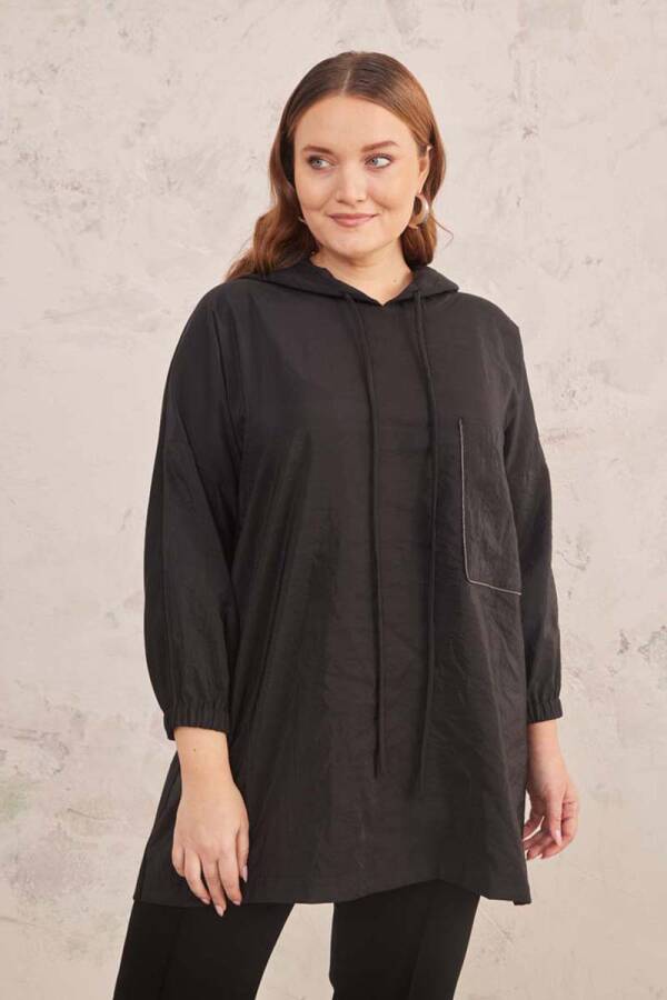 Siyah Zincir Detaylı Kapüşonlu Bluz - 4