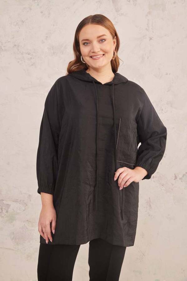 Siyah Zincir Detaylı Kapüşonlu Bluz - 5