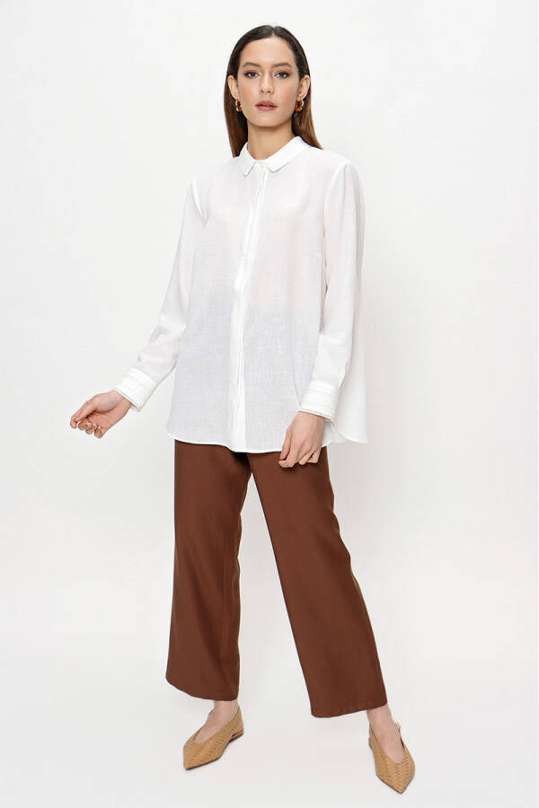 Ekru Manşeti Şerit Detaylı Keten Bluz - 1