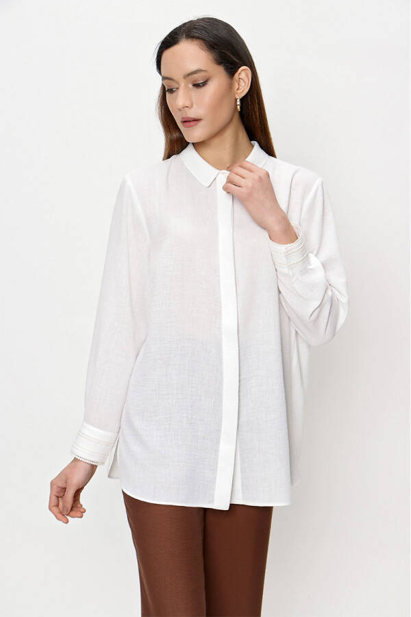 Ekru Manşeti Şerit Detaylı Keten Bluz - 2