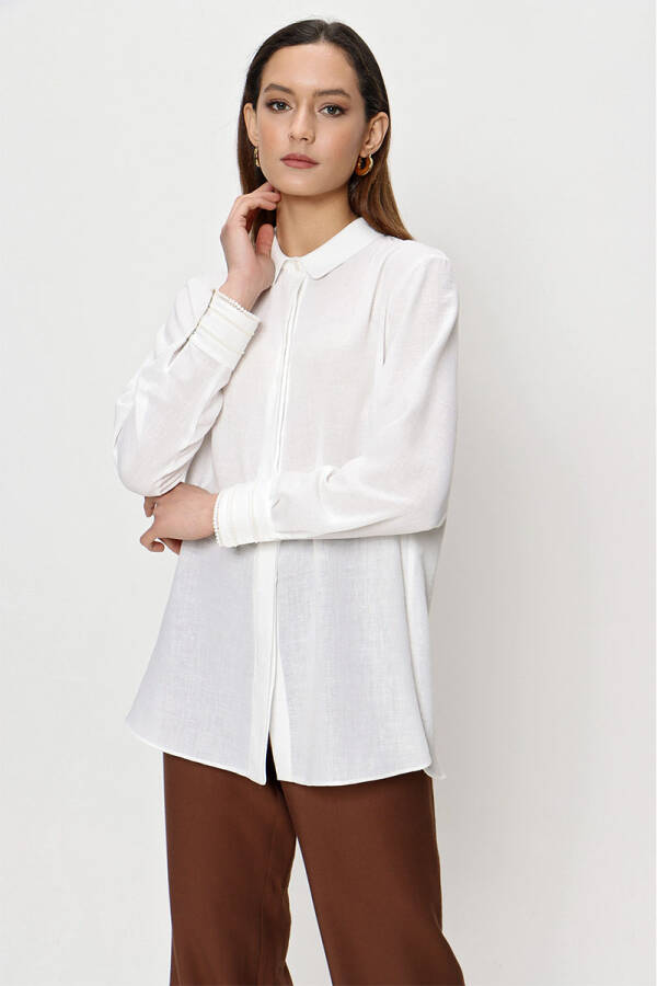 Ekru Manşeti Şerit Detaylı Keten Bluz - 3