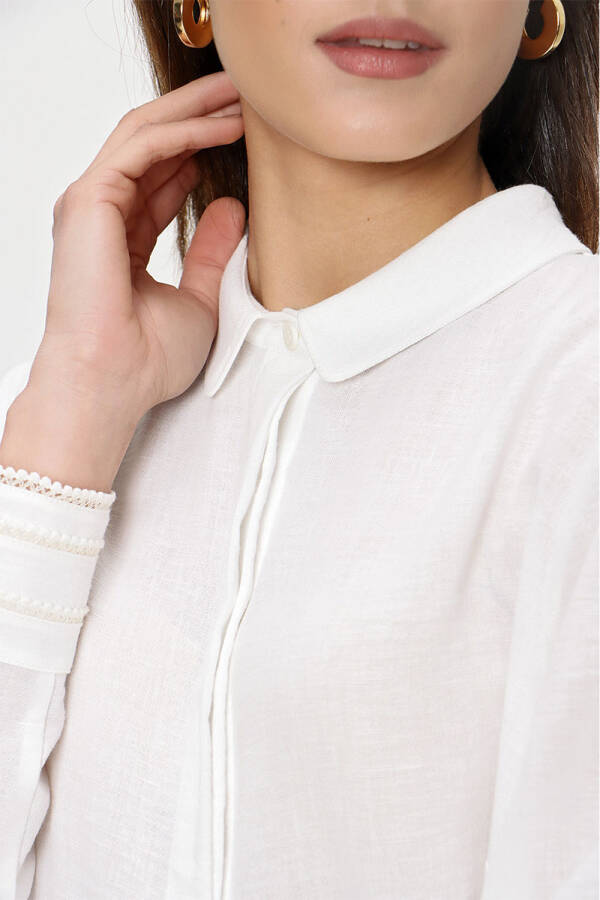 Ekru Manşeti Şerit Detaylı Keten Bluz - 6