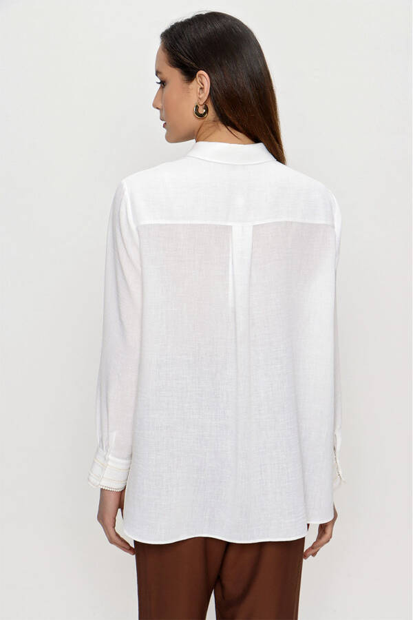Ekru Manşeti Şerit Detaylı Keten Bluz - 7