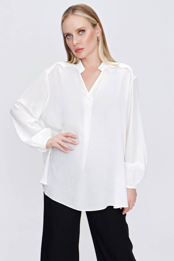 Ekru Omuzları Pile Detaylı Bluz - 4