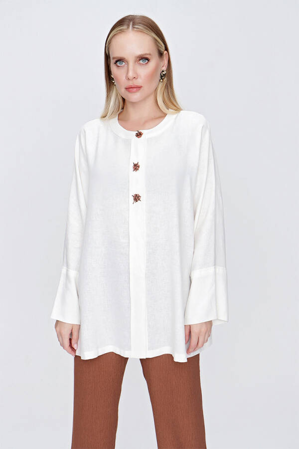 Ekru Rahat Kesim İşleme Detaylı Bluz - 4