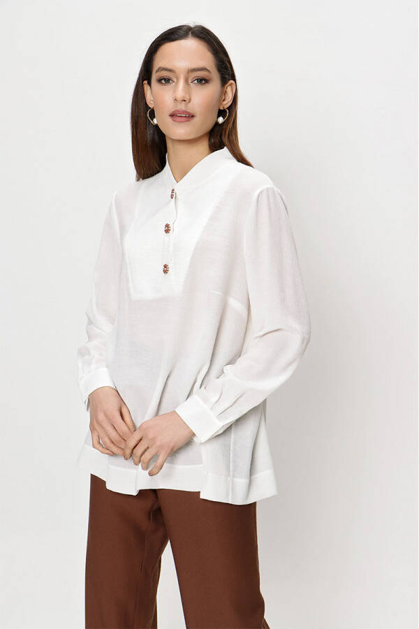 Ekru İşleme Detaylı Hakim Yaka Bluz - 5