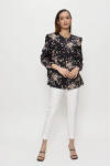 Lacivert Çiçek Desenli Fırfır Detaylı Bluz - 1