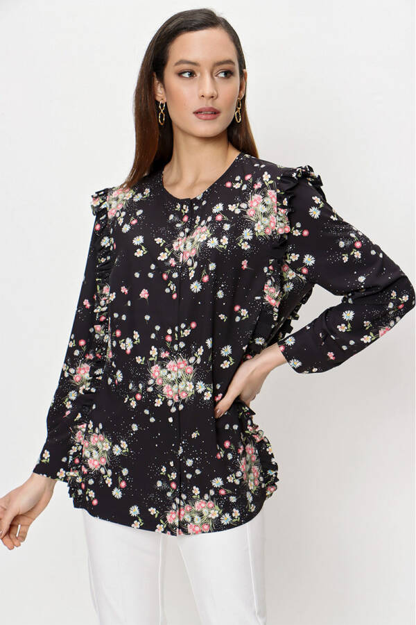 Lacivert Çiçek Desenli Fırfır Detaylı Bluz - 2