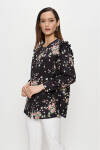 Lacivert Çiçek Desenli Fırfır Detaylı Bluz - 3