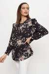 Lacivert Çiçek Desenli Fırfır Detaylı Bluz - 4