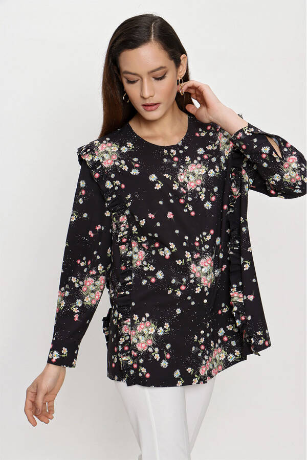 Lacivert Çiçek Desenli Fırfır Detaylı Bluz - 6