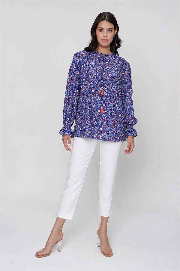 Mavi Çiçek Desen Bağcıklı Bluz - 2