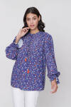 Mavi Çiçek Desen Bağcıklı Bluz - 3