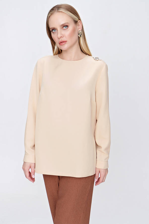 Bej İşleme Detaylı Keten Bluz - 3