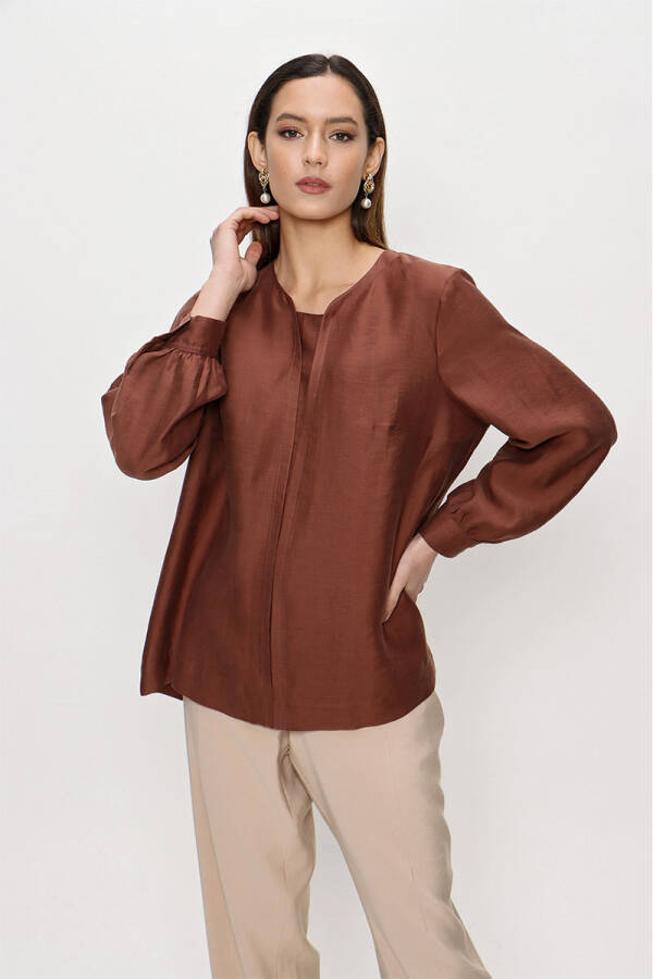 Kahverengi Keten Bluz - 4