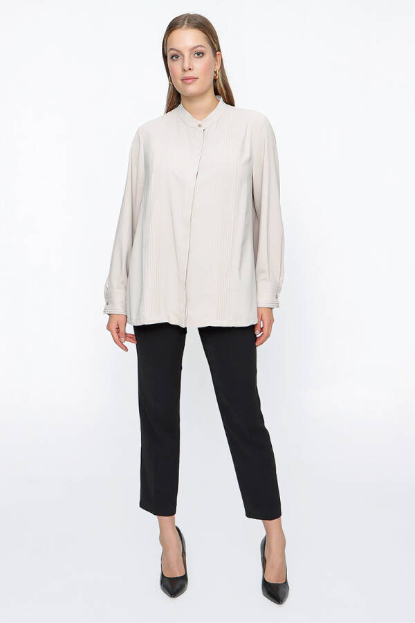 Bej Hakim Yaka Nervürlü Bluz - 1