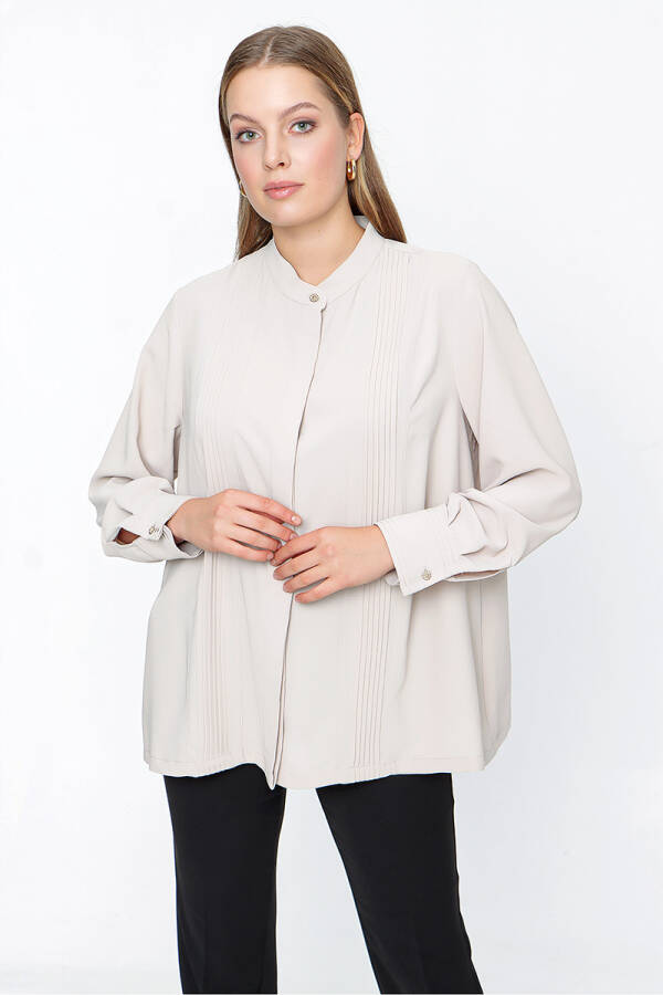 Bej Hakim Yaka Nervürlü Bluz - 2