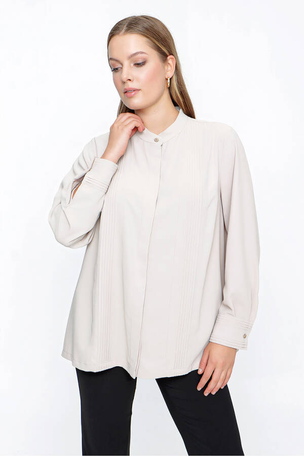 Bej Hakim Yaka Nervürlü Bluz - 3