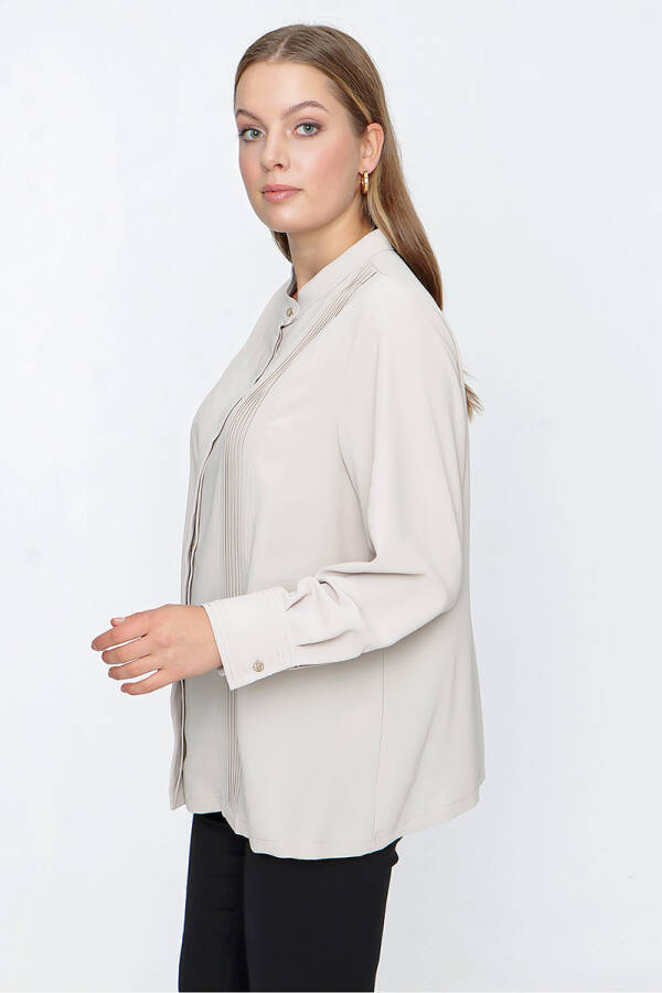 Bej Hakim Yaka Nervürlü Bluz - 4