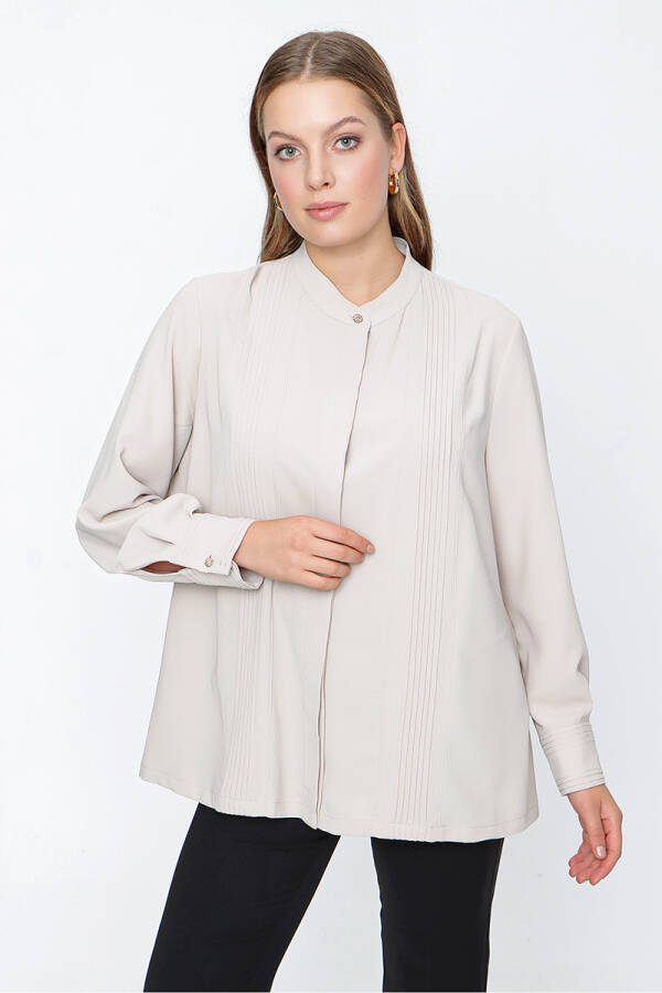 Bej Hakim Yaka Nervürlü Bluz - 5