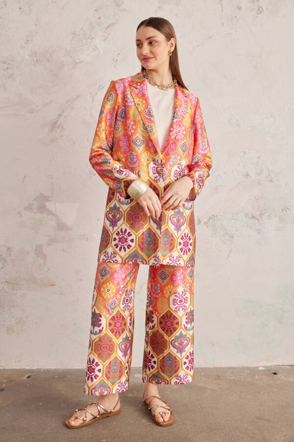 Turuncu Desenli Saten Pantolon - 2