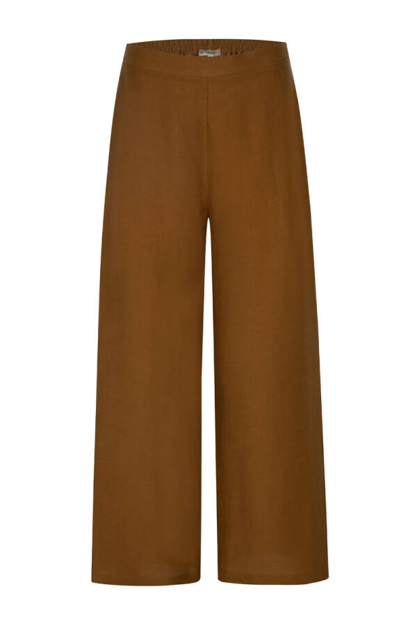 Kahverengi Geniş Paça Keten Pantolon - 1