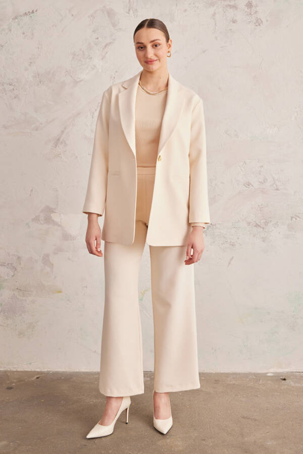 Ekru Arka Bel Lastikli Geniş Paça Pantolon - 1