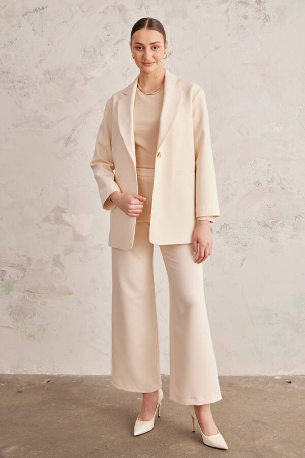 Ekru Arka Bel Lastikli Geniş Paça Pantolon - 2