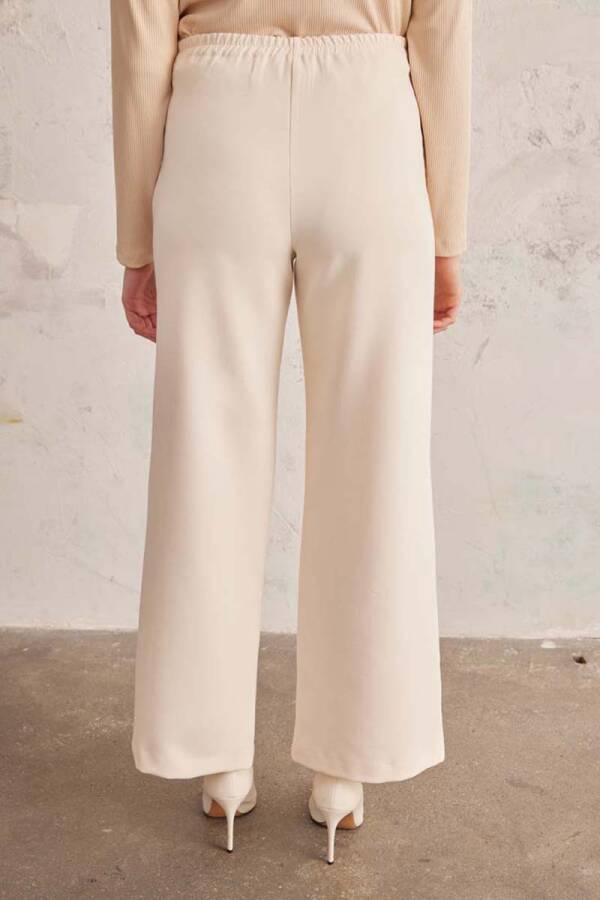 Ekru Arka Bel Lastikli Geniş Paça Pantolon - 6