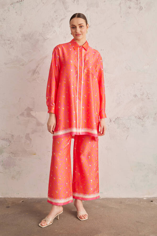 Fuşya Rahat Kesim Biyeli Desenli Pantolon - 1