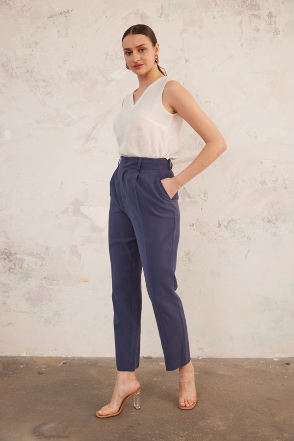 Lacivert Geniş Kemerli Havuç Kesim Pantolon - 4