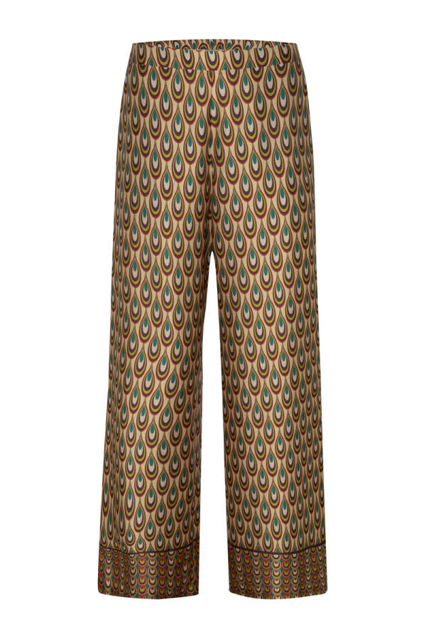 Yeşil Desenli Saten Pantolon - 1