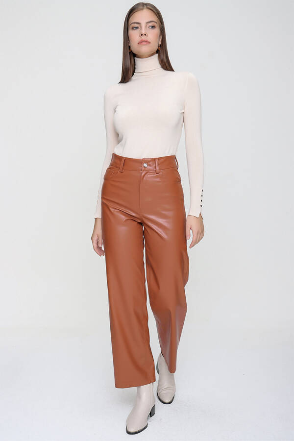 Kiremit Bol Paça Deri Pantolon - 4
