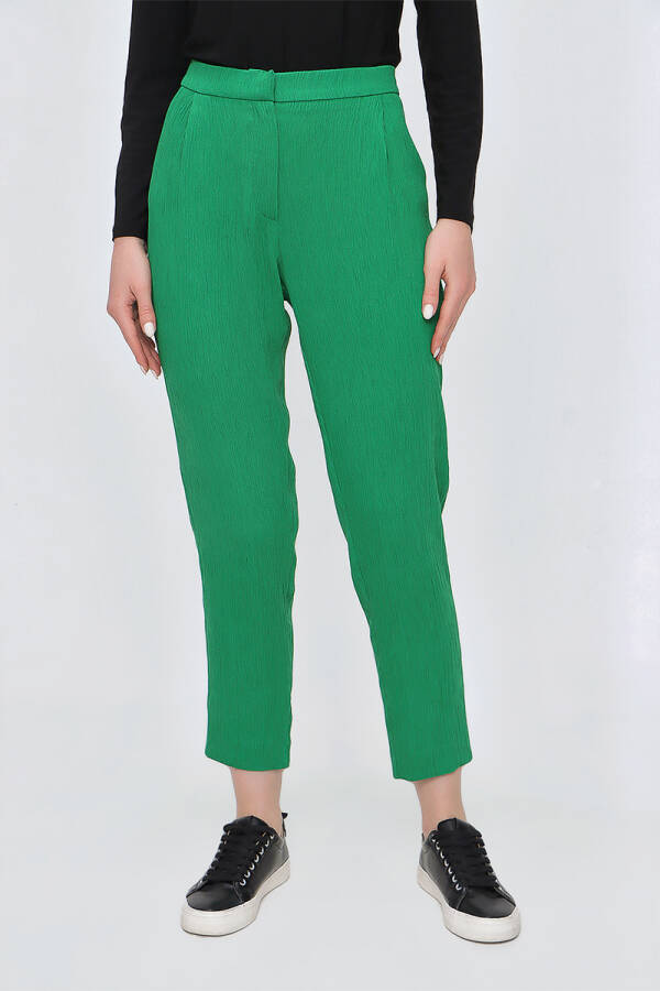 Yeşil Arka Bel Lastikli Dokulu Kumaş Pantolon - 3