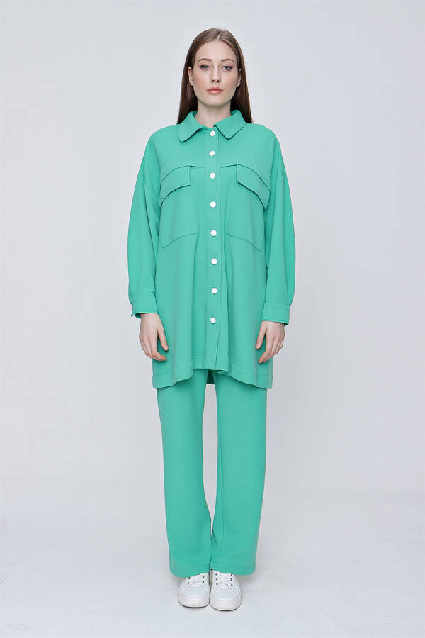 Yeşil Spor Örme Kumaş Beli Lastikli Pantolon - 1