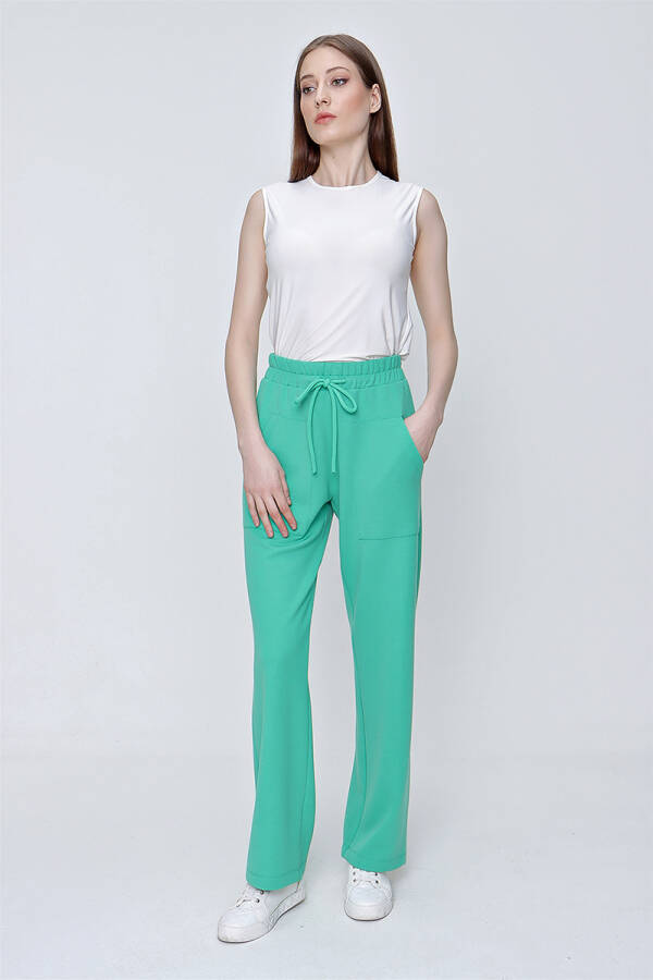 Yeşil Spor Örme Kumaş Beli Lastikli Pantolon - 2