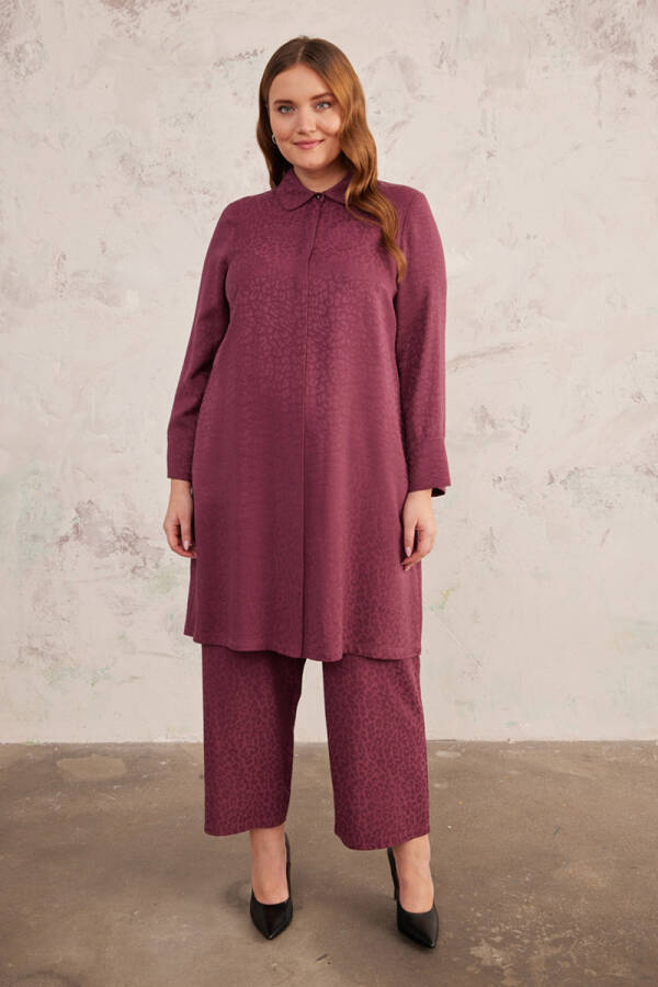 Mürdüm Jakarlı Leopar Rahat Kesim Pantolon - 1