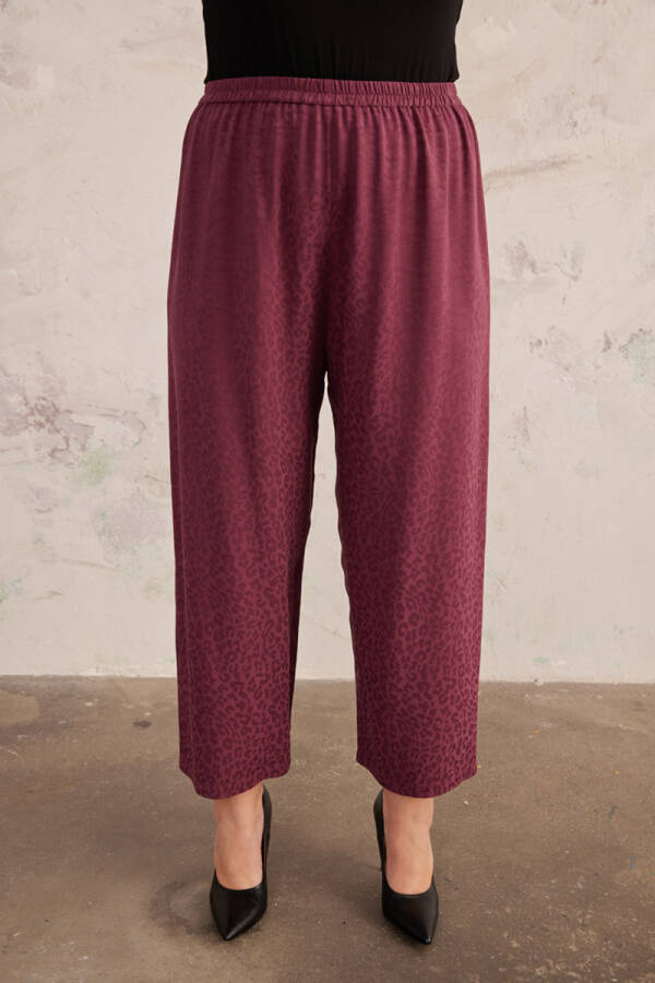 Mürdüm Jakarlı Leopar Rahat Kesim Pantolon - 4