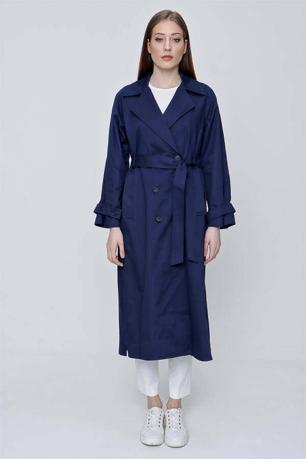 Lacivert Kruvaze Kapama Klasik Trençkot - 1