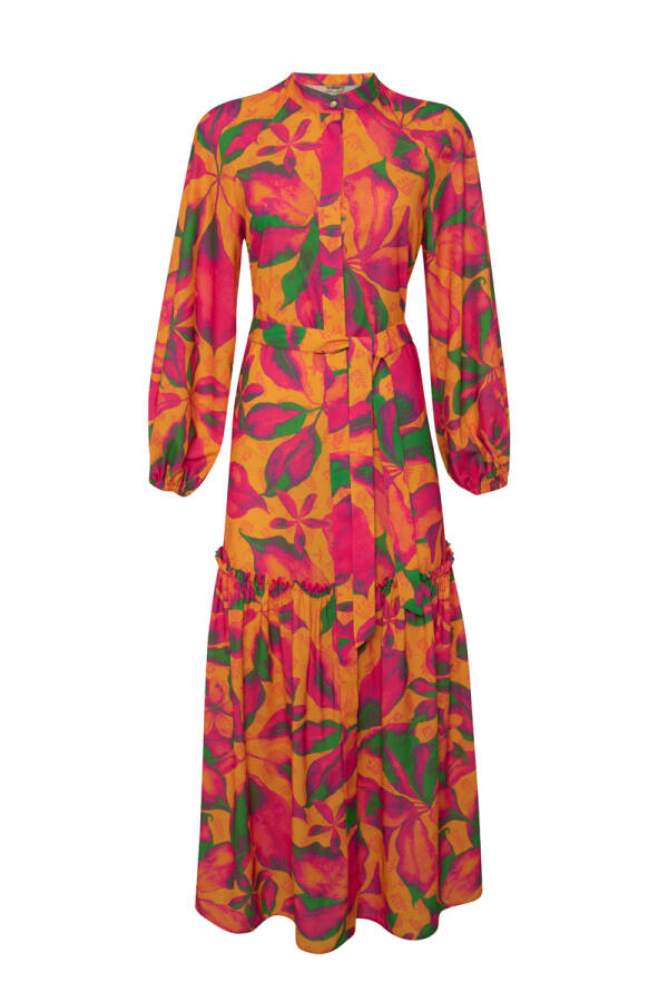 Fuşya Manşeti Bağcık Detaylı Desenli Elbise - 1