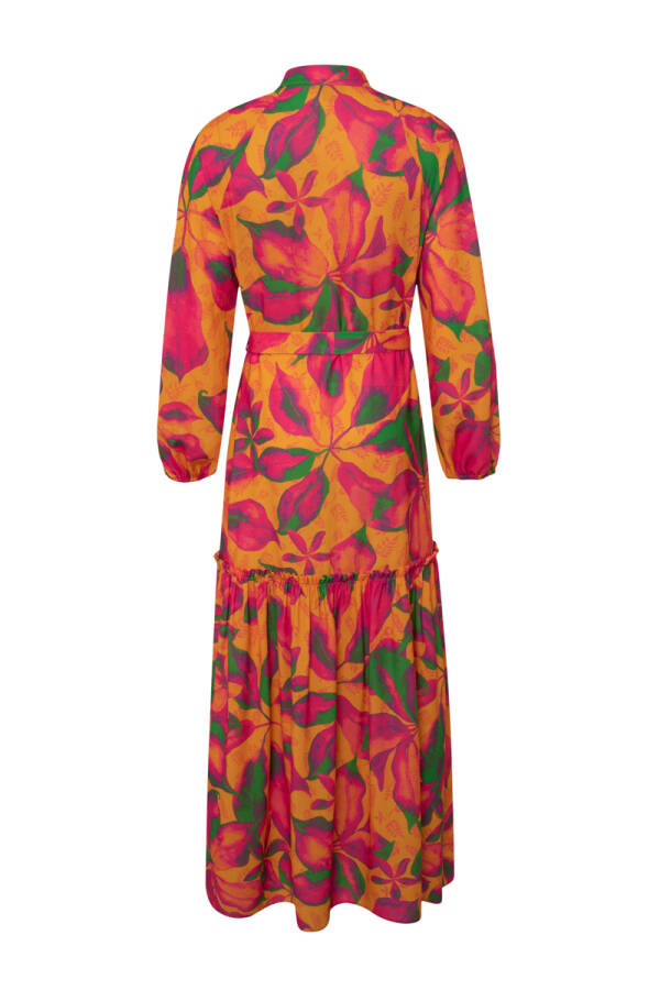 Fuşya Manşeti Bağcık Detaylı Desenli Elbise - 2