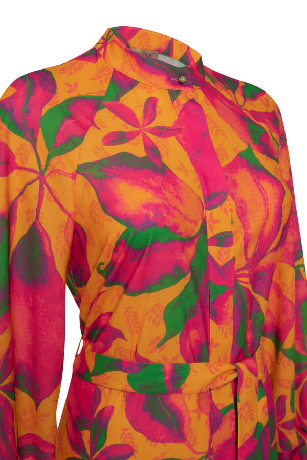 Fuşya Manşeti Bağcık Detaylı Desenli Elbise - 3