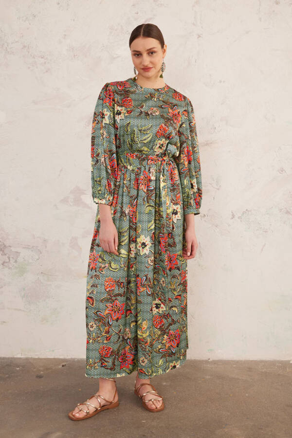 Yeşil Kruvaze Kapama Belden Lastikli Elbise - 2