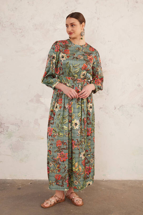 Yeşil Kruvaze Kapama Belden Lastikli Elbise - 3